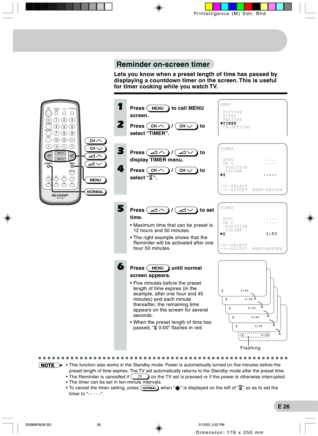 Sharp SX68NF8 operation manual Reminder on-screen timer, Screen Press Select Timer Display Timer menu To set 