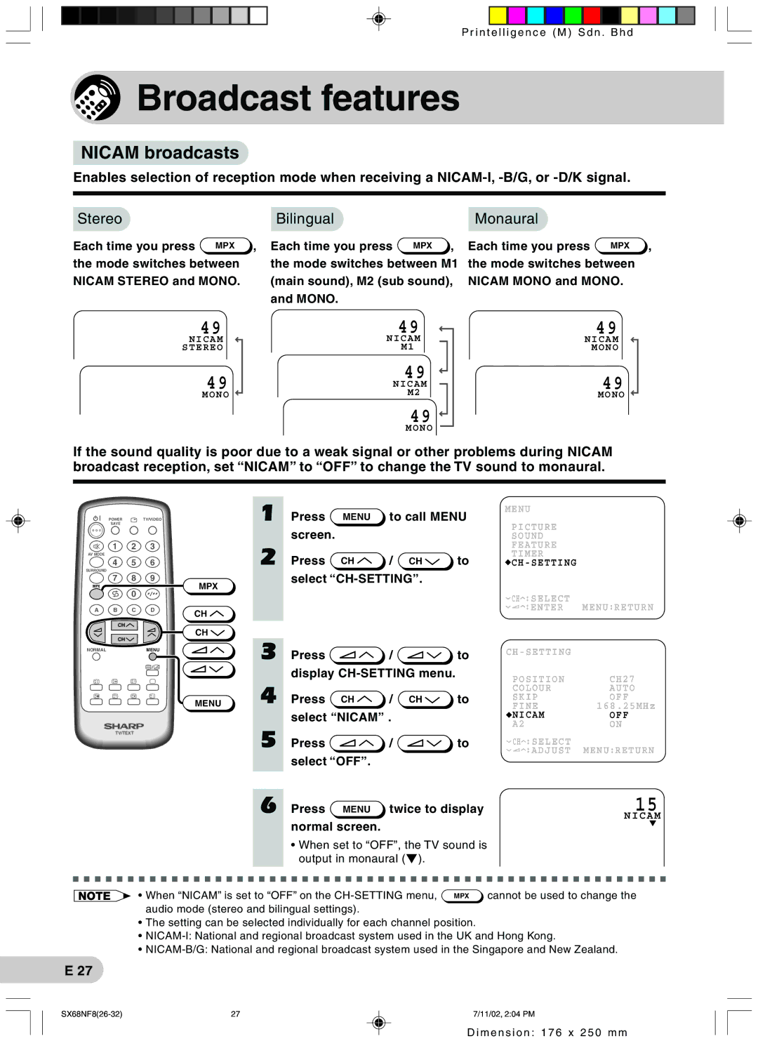 Sharp SX68NF8 operation manual Broadcast features, Nicam broadcasts 