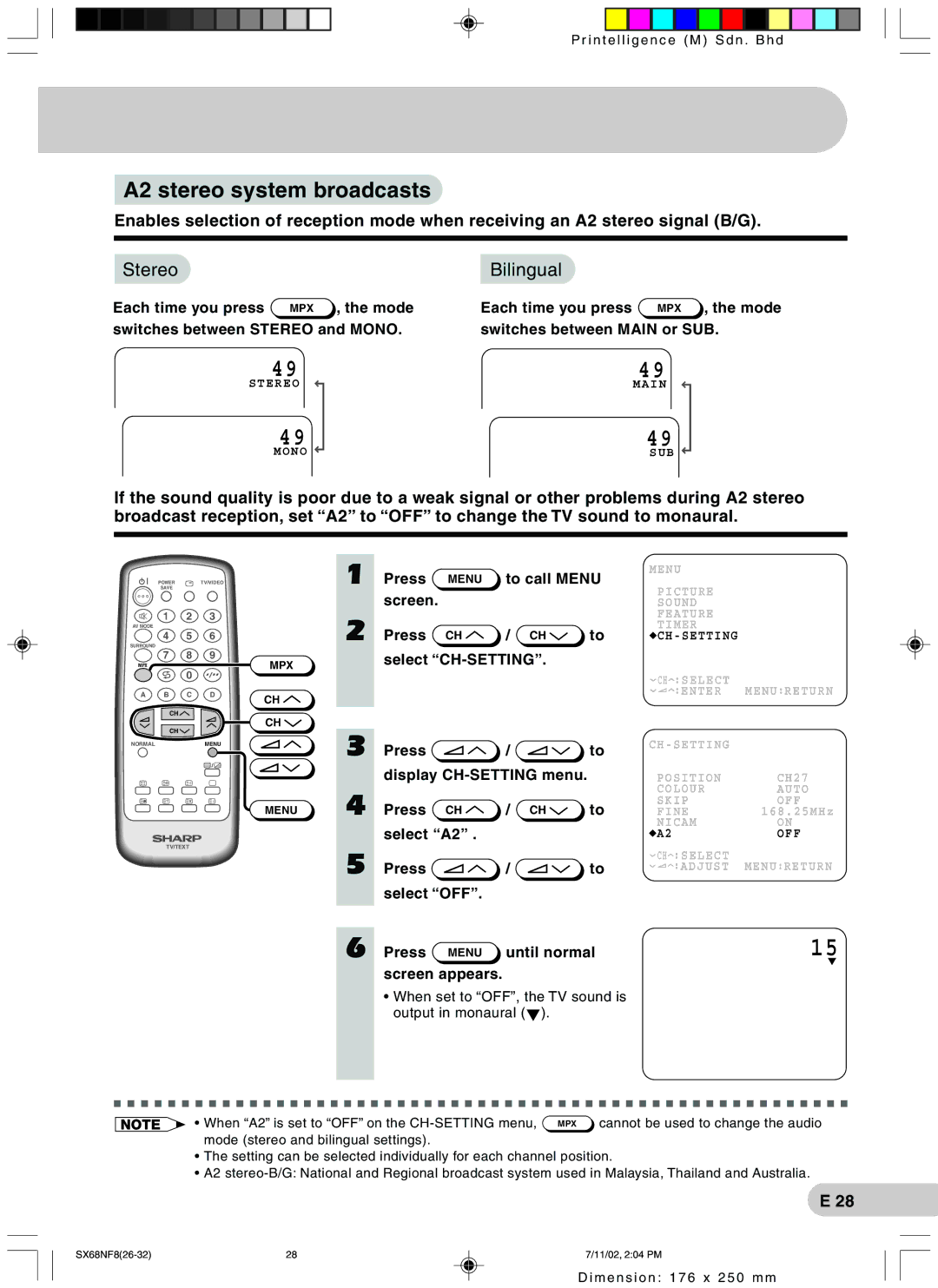 Sharp SX68NF8 operation manual A2 stereo system broadcasts, Stereo Bilingual 