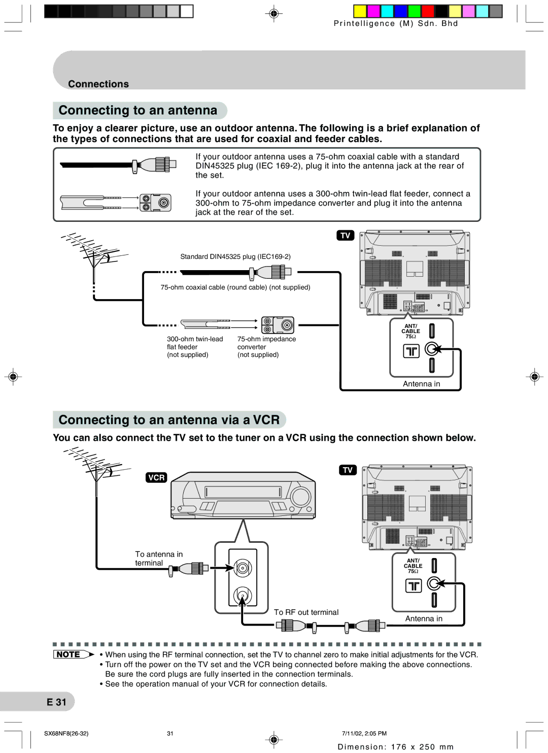 Sharp SX68NF8 operation manual Connecting to an antenna via a VCR, Connections, Terminal 