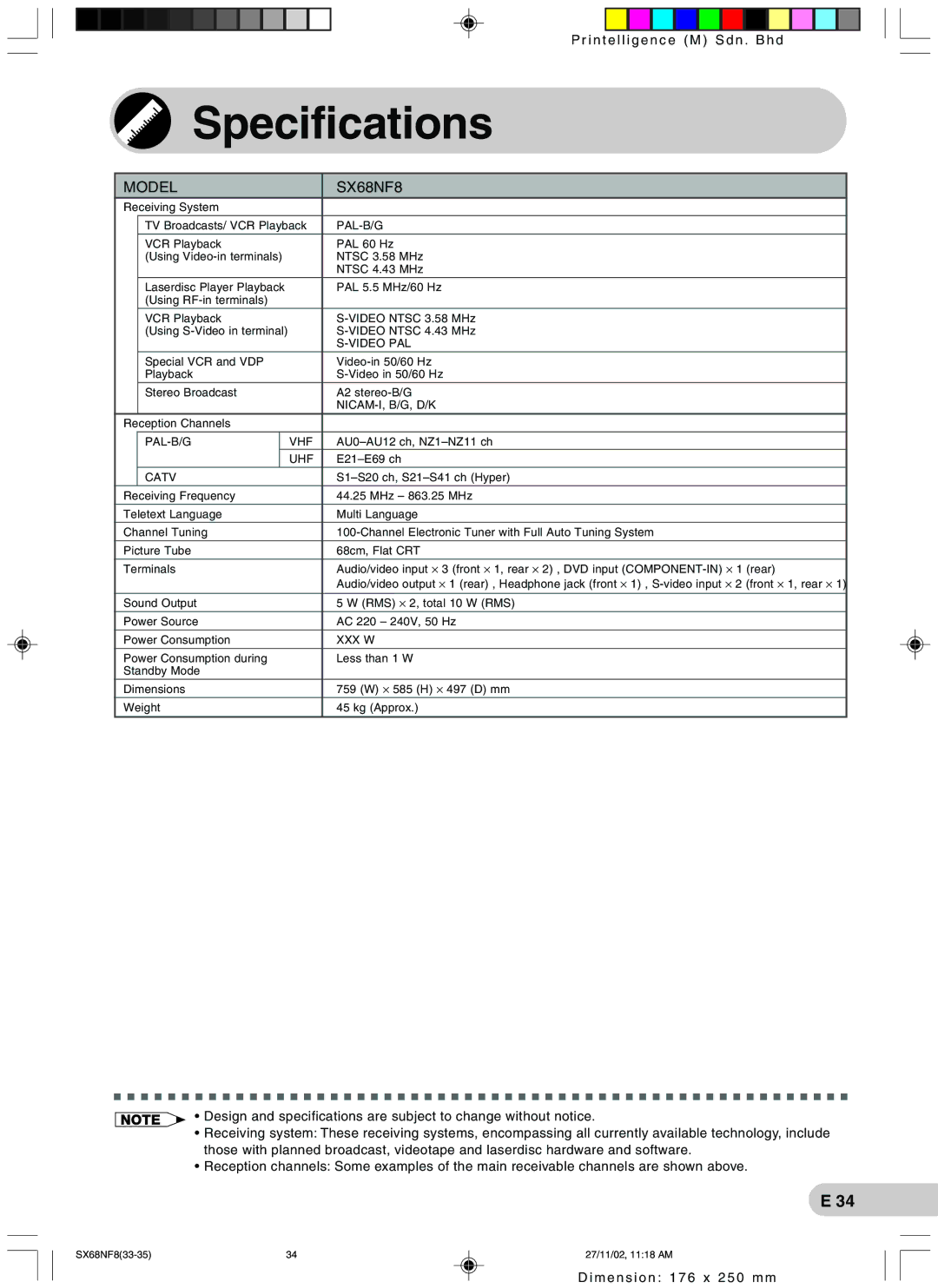 Sharp operation manual Specifications, Model SX68NF8 