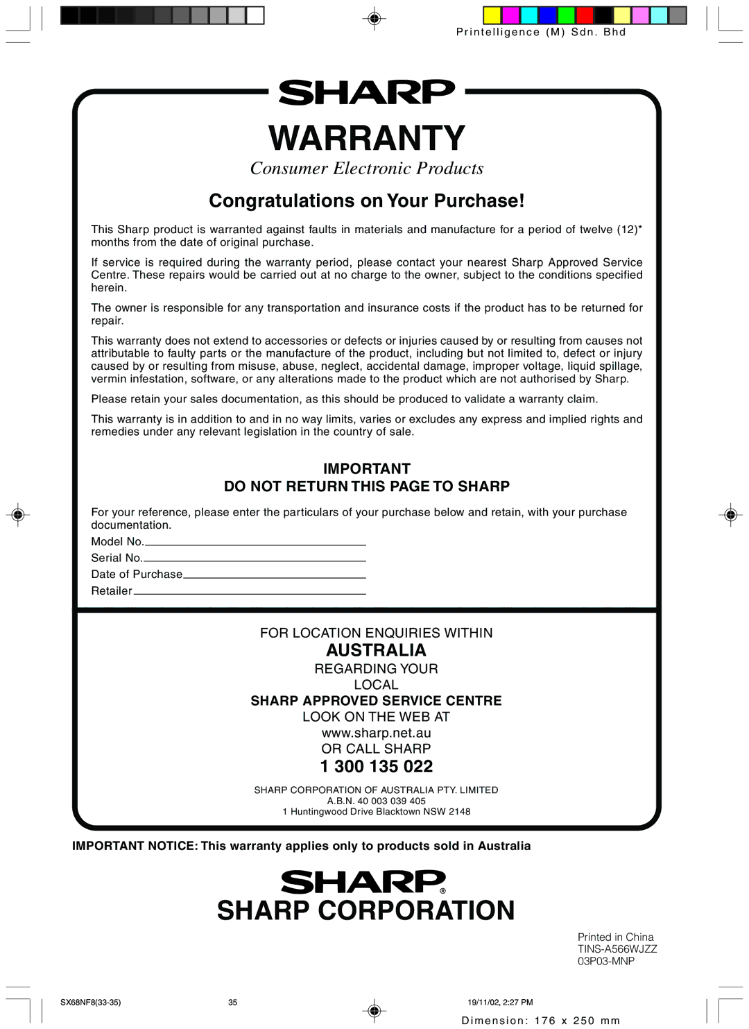 Sharp SX68NF8 operation manual Warranty, 300 135 