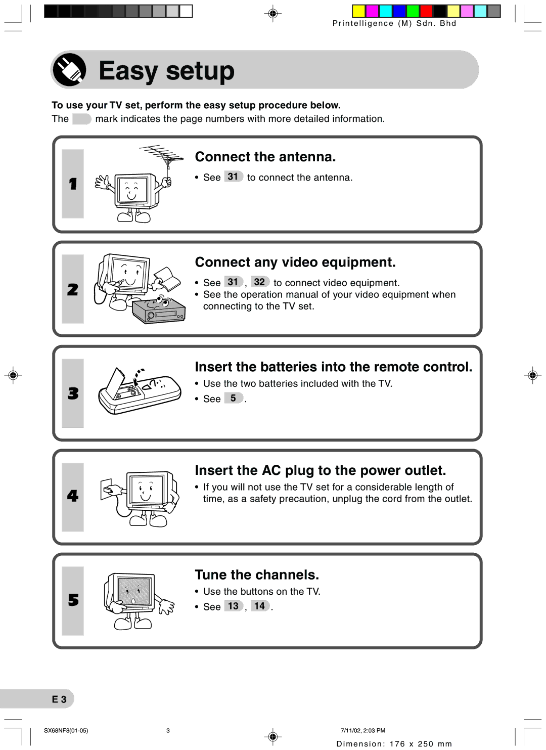 Sharp SX68NF8 operation manual Easy setup, To use your TV set, perform the easy setup procedure below 