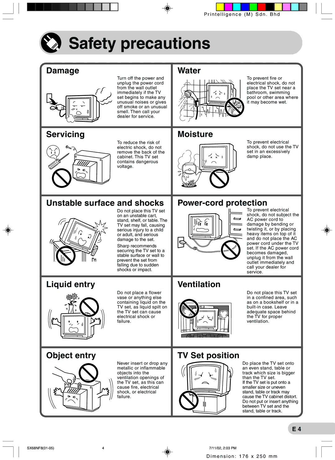 Sharp SX68NF8 operation manual Safety precautions, DamageWater 