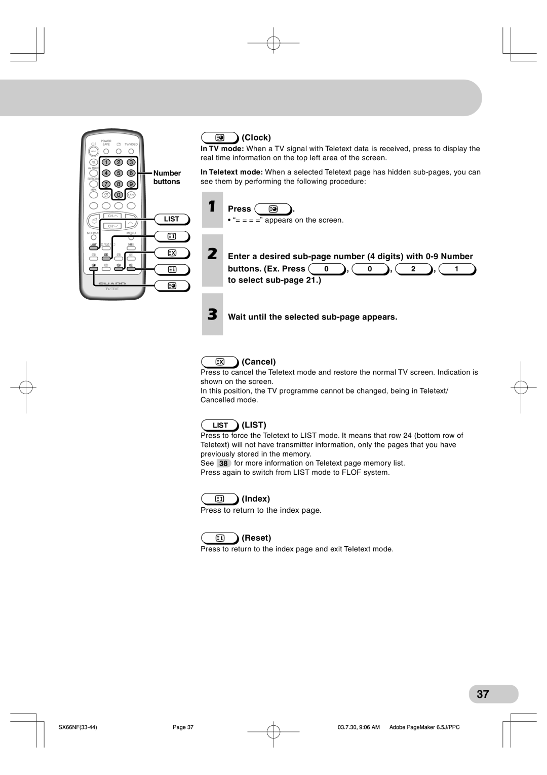 Sharp SX66NF100, SX76NF100 operation manual Clock, Enter a desired sub-page number 4 digits with 0-9 Number, Index, Reset 