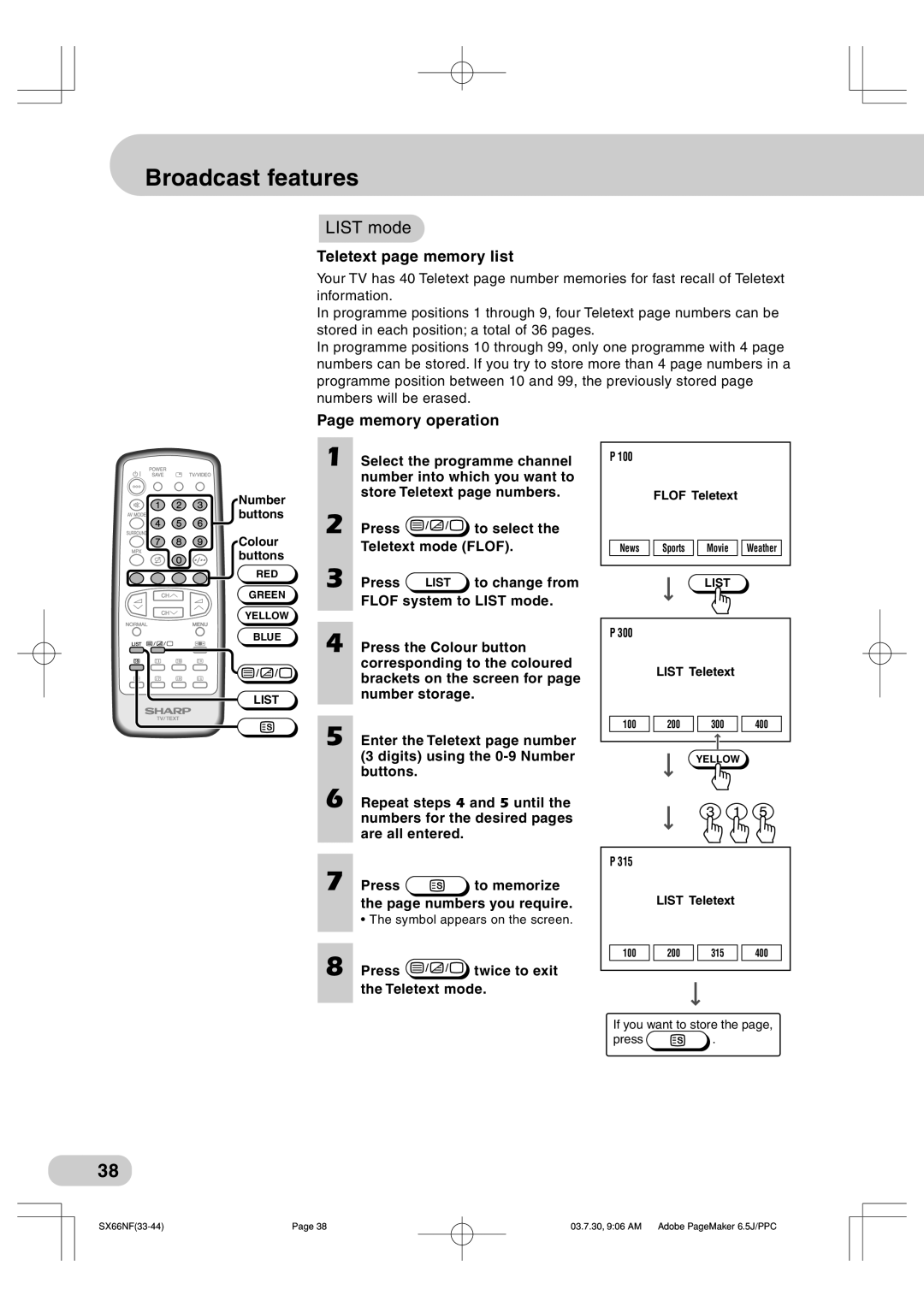 Sharp SX76NF100, SX66NF100 operation manual List mode, Teletext page memory list, Memory operation 