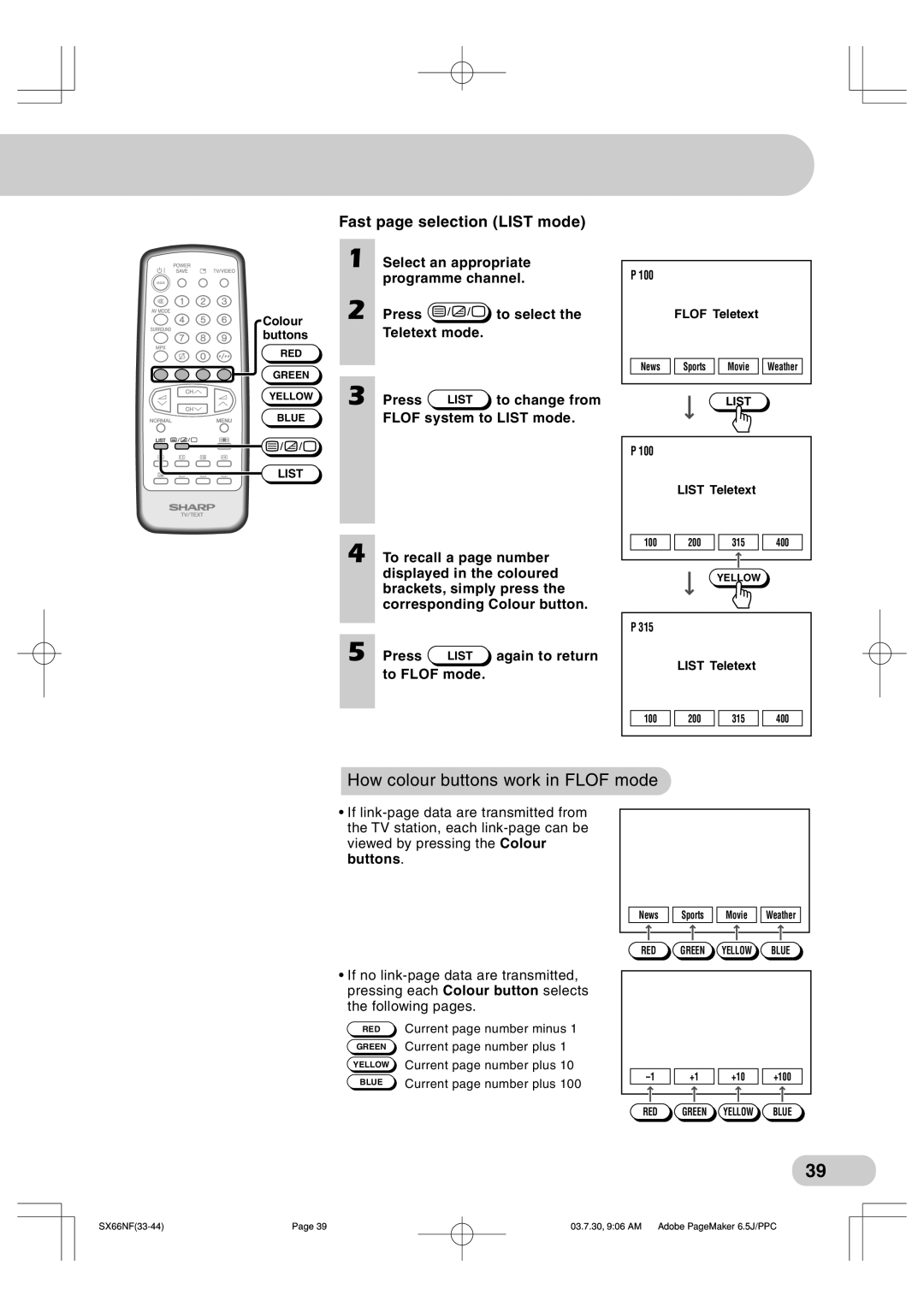 Sharp SX66NF100, SX76NF100 How colour buttons work in Flof mode, Fast page selection List mode, Select an appropriate 