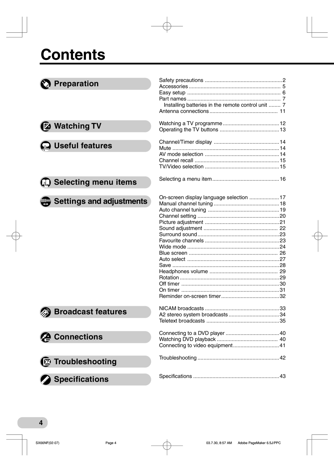 Sharp SX76NF100, SX66NF100 operation manual Contents 