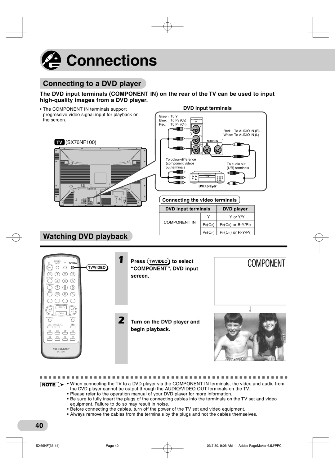 Sharp SX76NF100, SX66NF100 operation manual Connections, Connecting to a DVD player, Watching DVD playback 