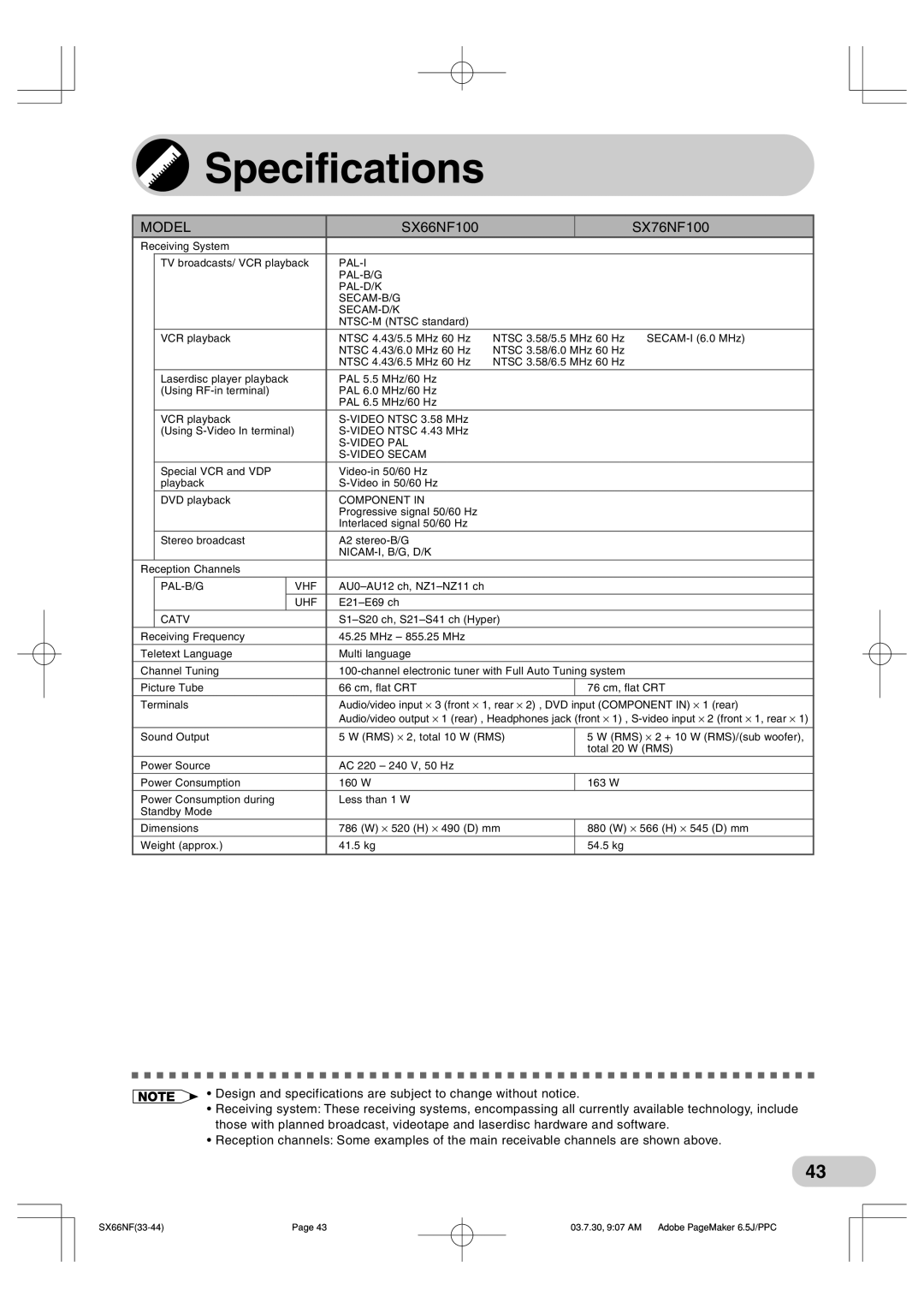 Sharp SX66NF100, SX76NF100 operation manual Specifications, Model 