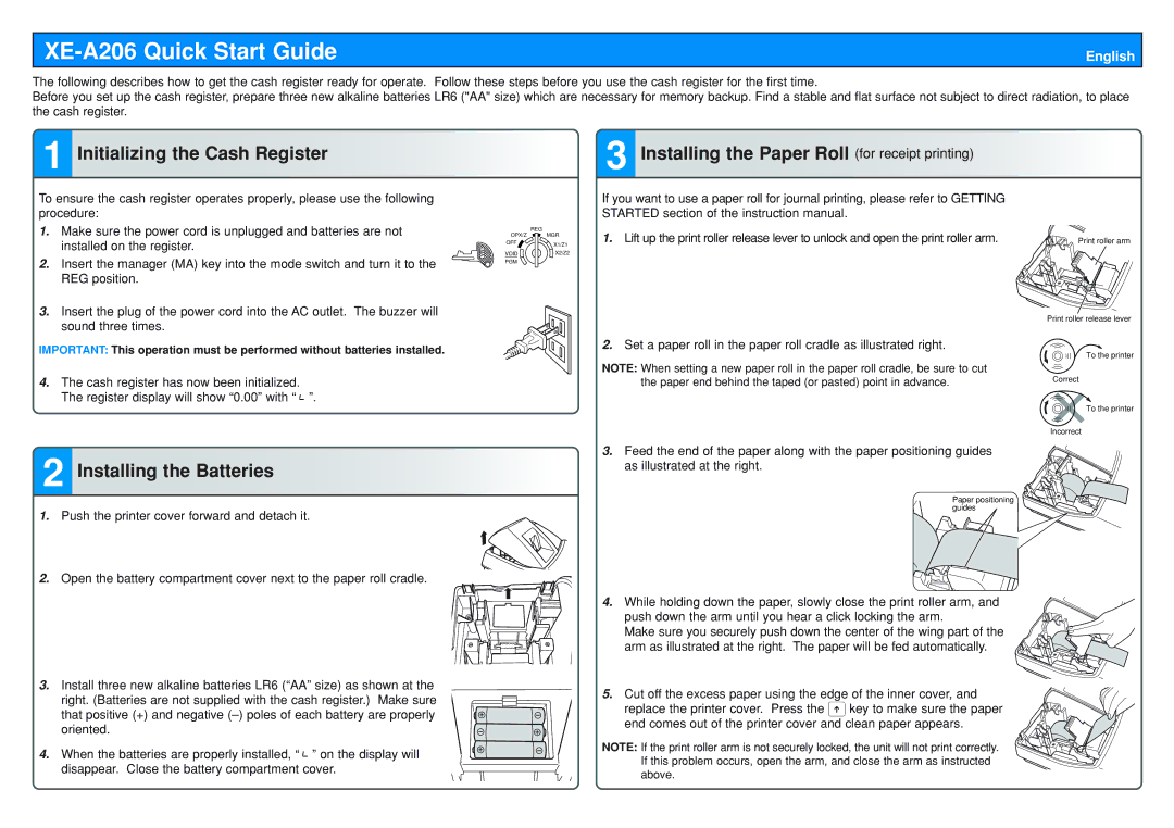 Sharp XE-A206 quick start Initializing the Cash Register Installing the Paper Roll, Installing the Batteries 