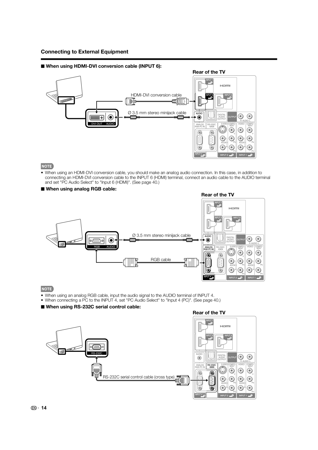 Sharp TINS-E339WJZZ When using analog RGB cable Rear of the TV, When using RS-232C serial control cable Rear of the TV 