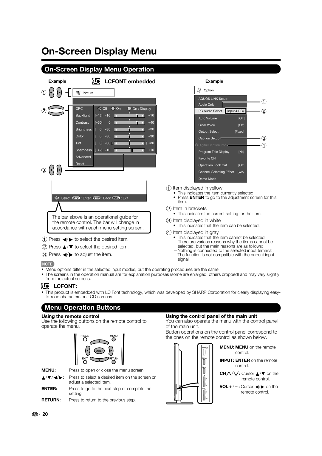 Sharp LC-65E77UM, TINS-E339WJZZ On-Screen Display Menu Operation, Menu Operation Buttons, Using the remote control 