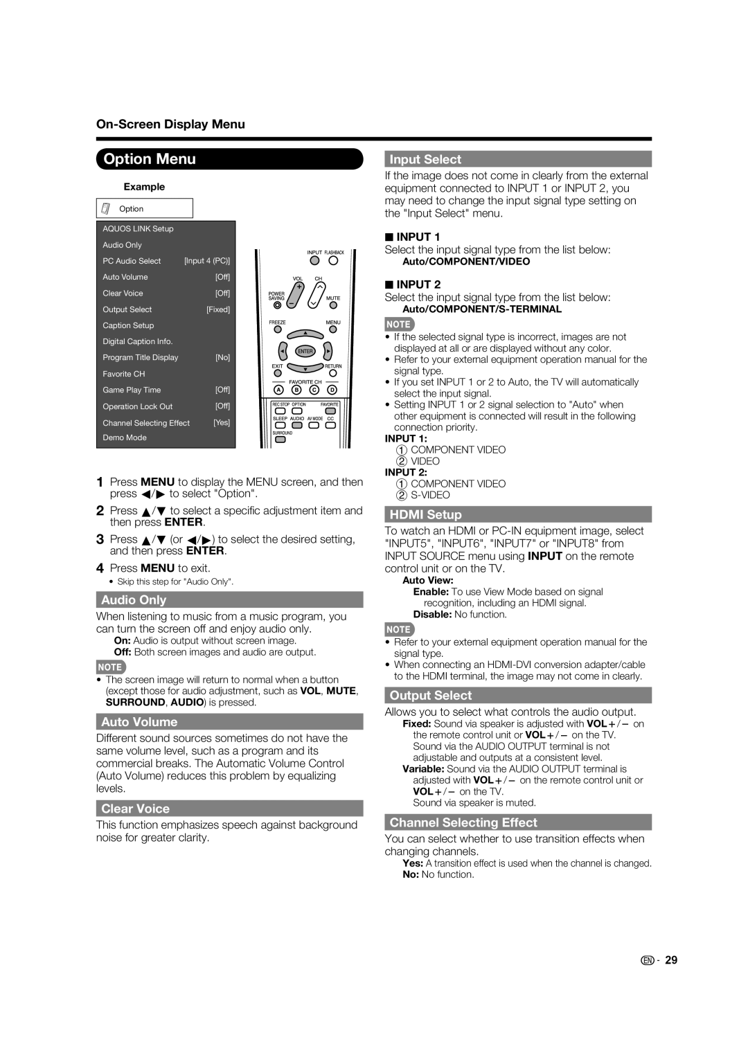 Sharp 09P09-MX-NM, TINS-E339WJZZ, LC-60E77UN, LC-65E77UM operation manual Option Menu 