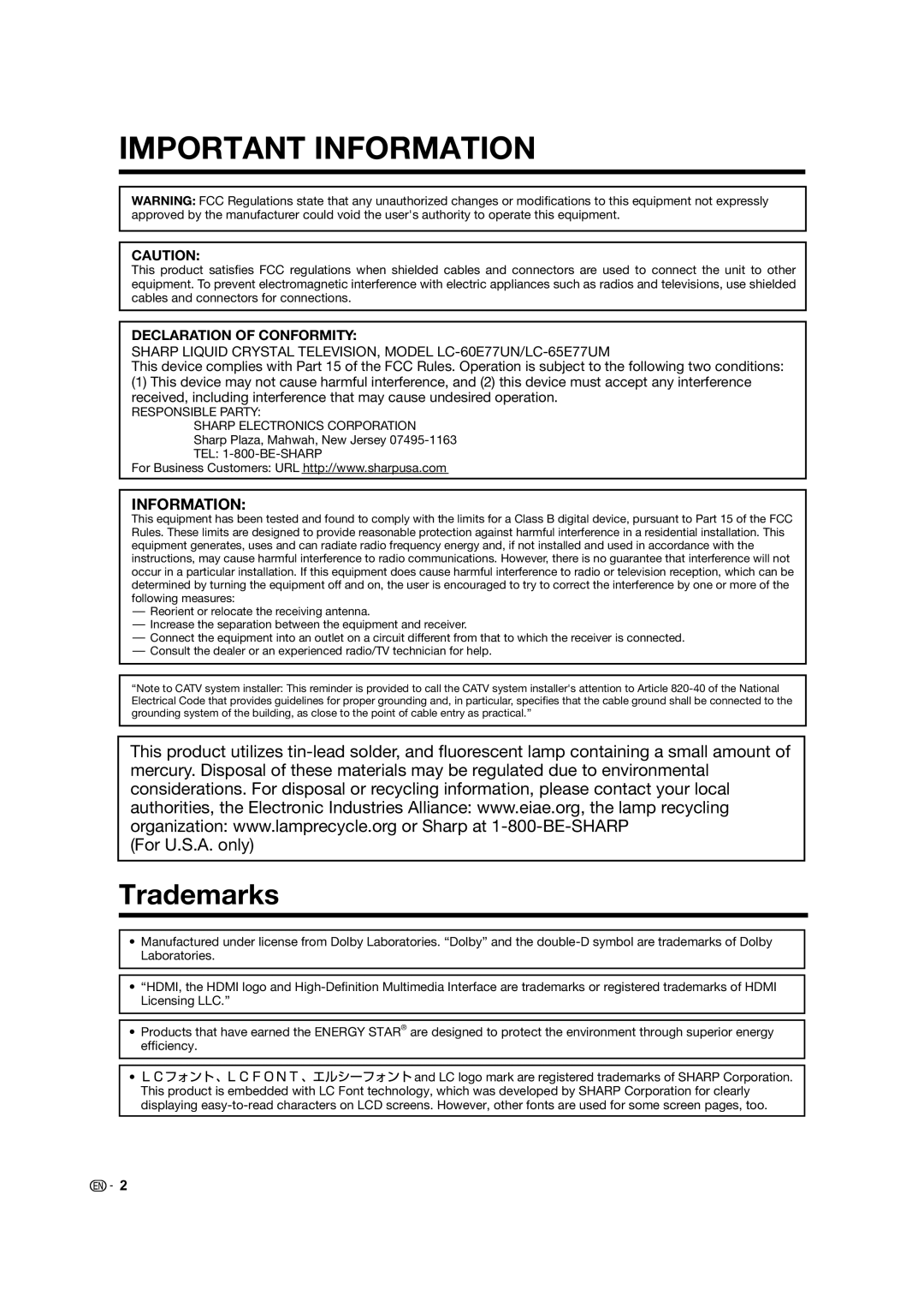 Sharp TINS-E339WJZZ, LC-60E77UN, LC-65E77UM, 09P09-MX-NM operation manual Trademarks, Declaration of Conformity 