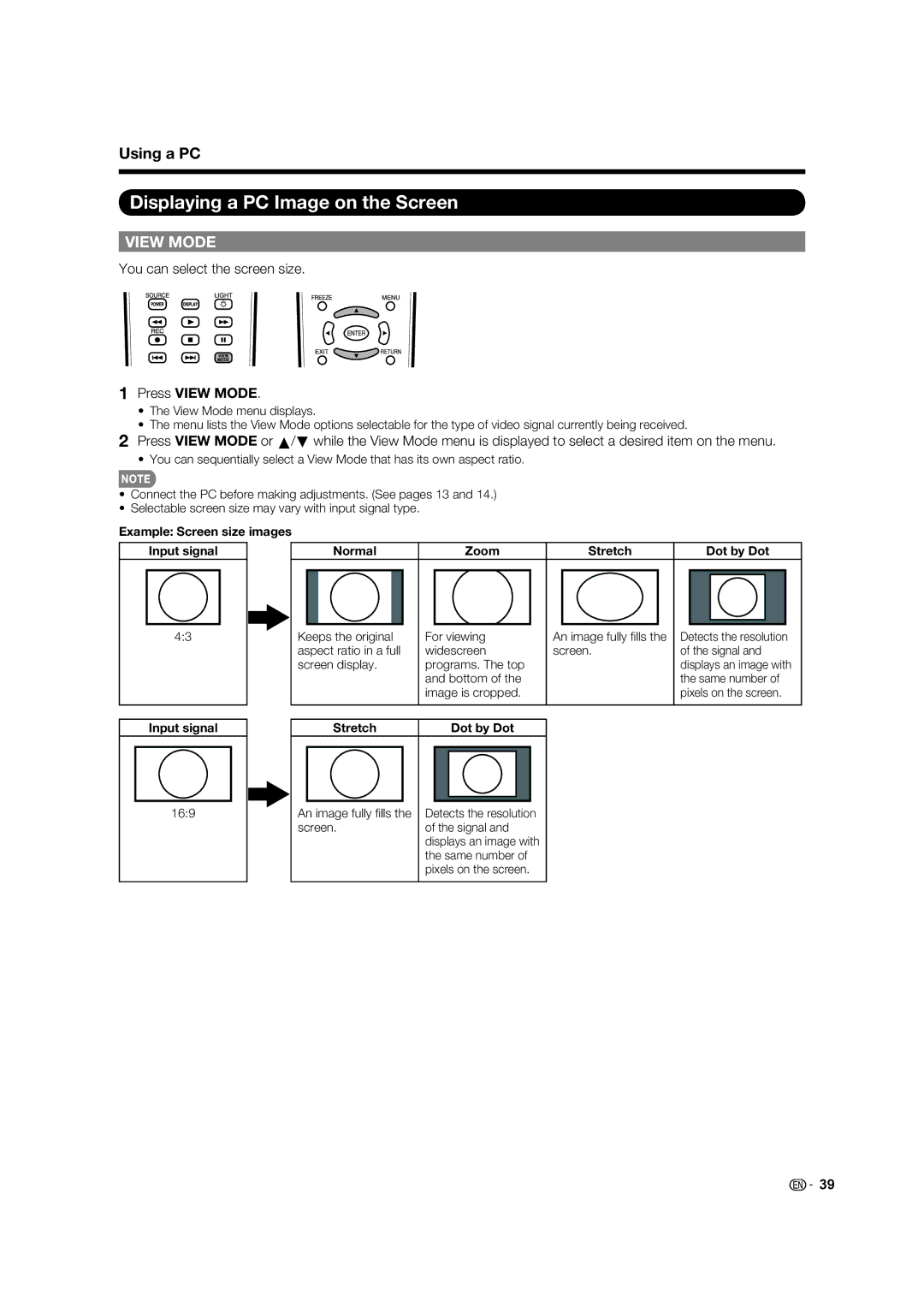 Sharp LC-60E77UN, TINS-E339WJZZ, LC-65E77UM, 09P09-MX-NM Displaying a PC Image on the Screen, Stretch Dot by Dot 