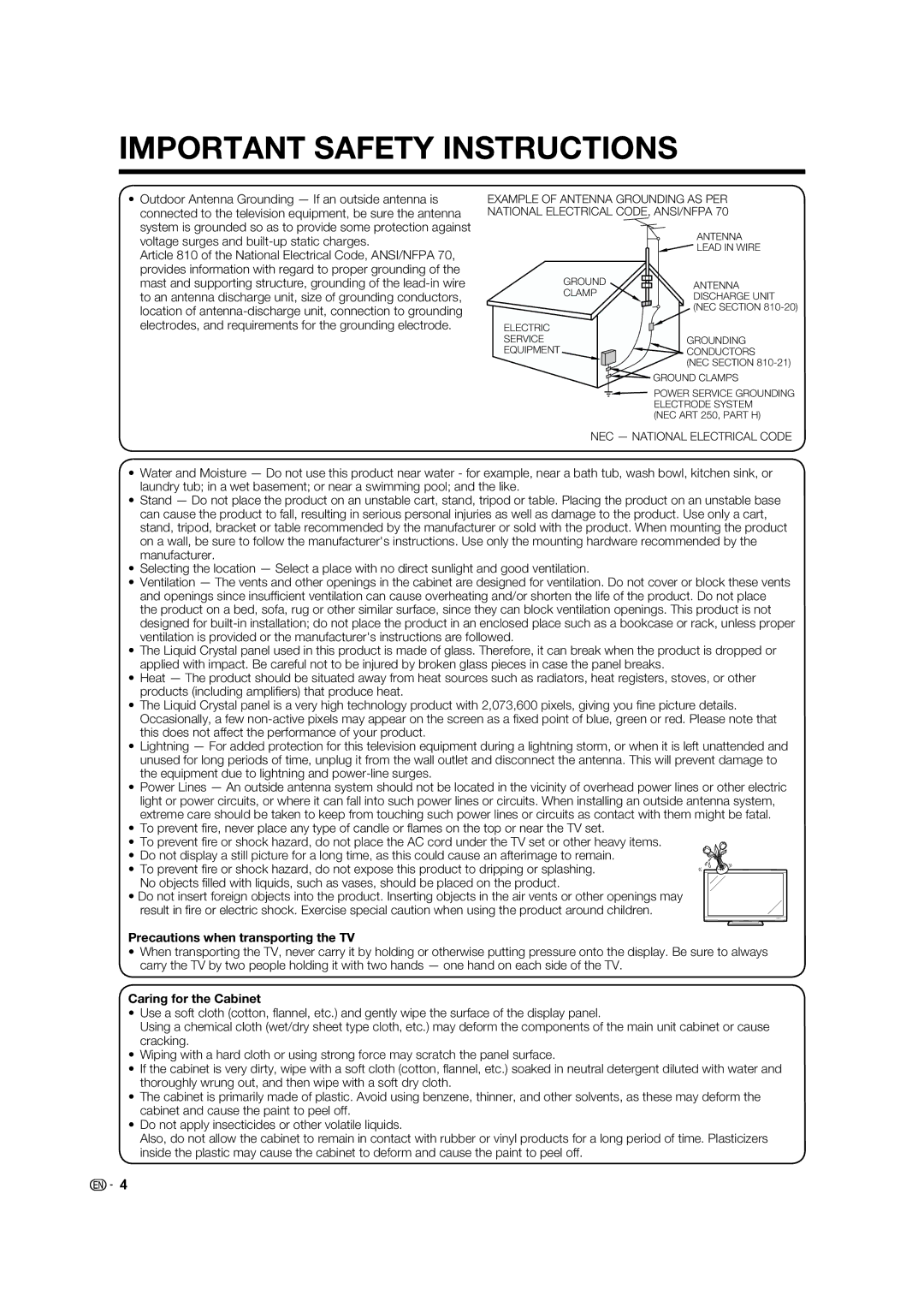 Sharp LC-65E77UM, TINS-E339WJZZ, LC-60E77UN, 09P09-MX-NM Precautions when transporting the TV, Caring for the Cabinet 