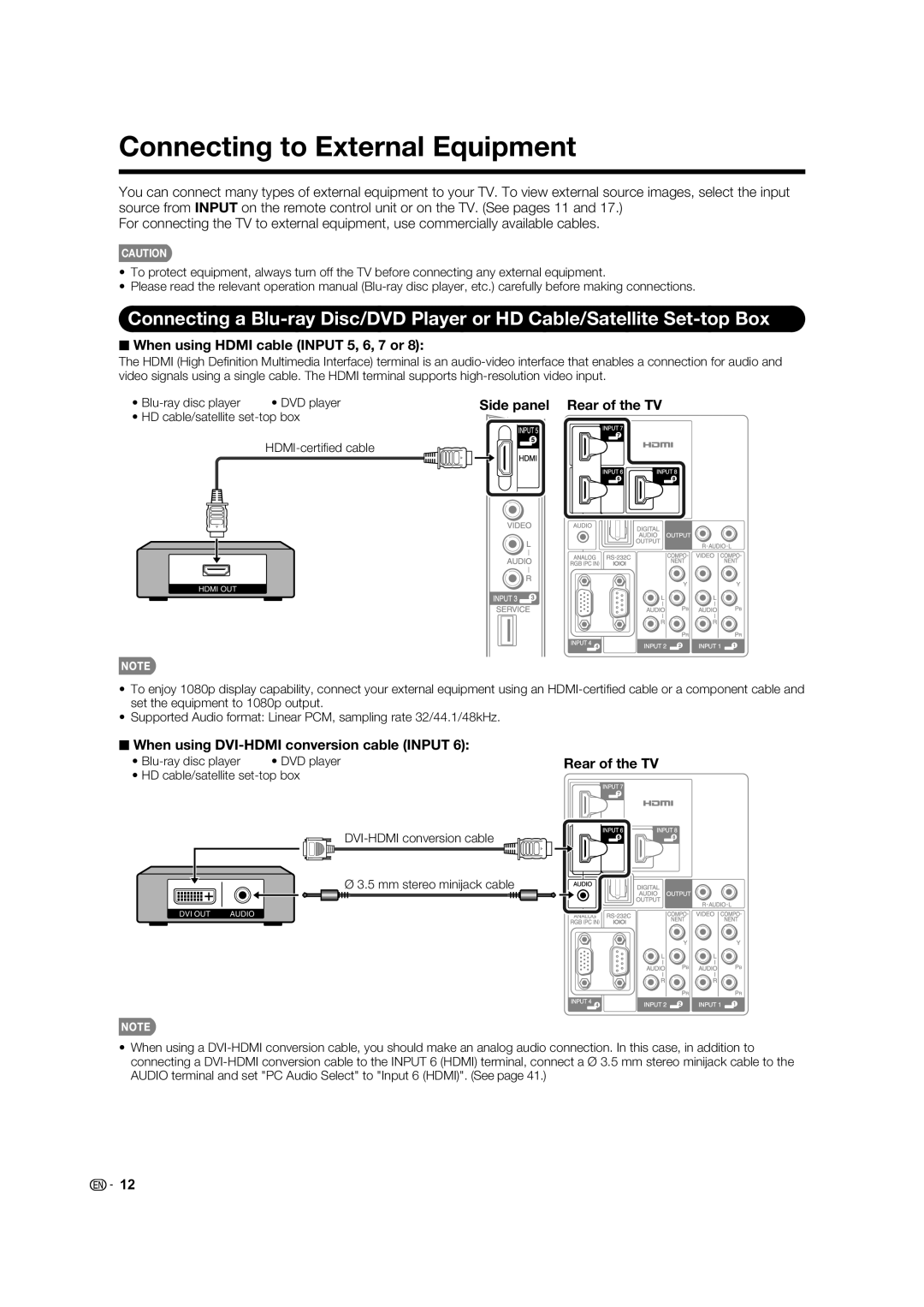 Sharp TINS-E580WJZZ, LC-60E88UN Connecting to External Equipment, When using Hdmi cable Input 5, 6, 7 or, Rear of the TV 