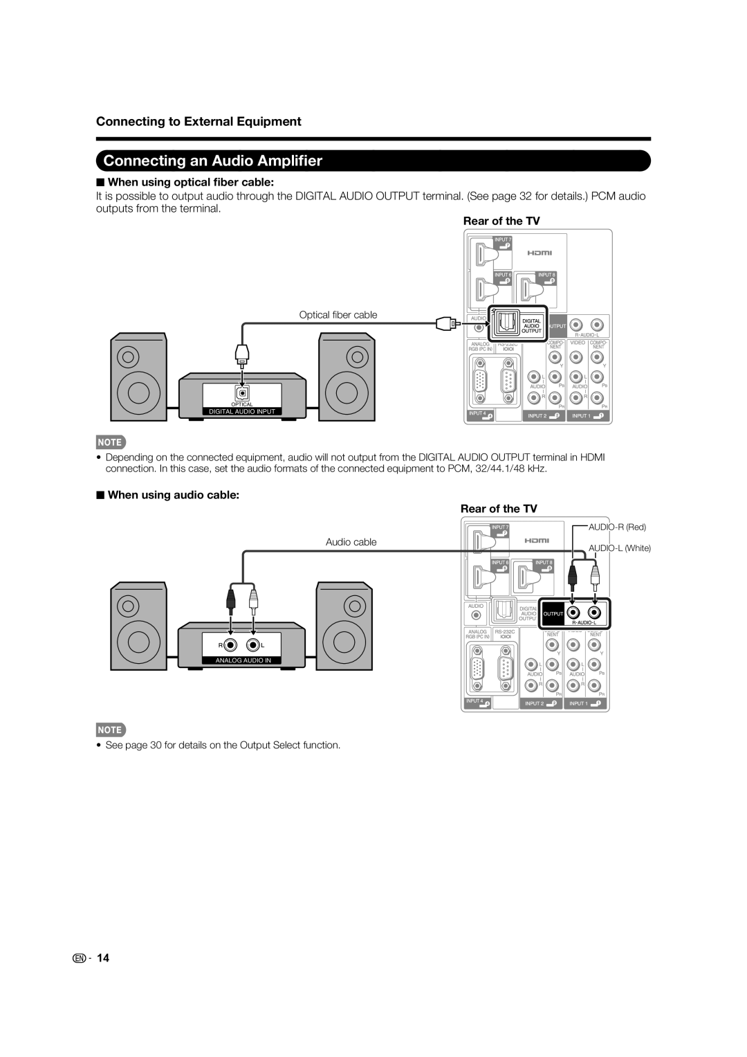 Sharp TINS-E580WJZZ Connecting an Audio Ampliﬁer, When using optical ﬁber cable, When using audio cable Rear of the TV 