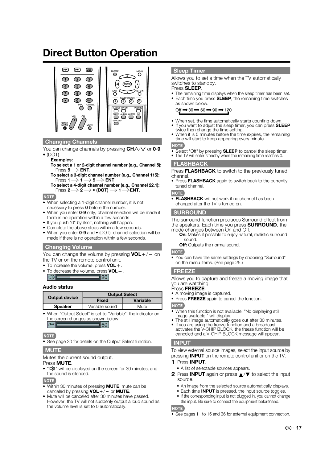 Sharp LC-60E88UN, TINS-E580WJZZ Direct Button Operation, Changing Channels, Changing Volume, Sleep Timer, Audio status 