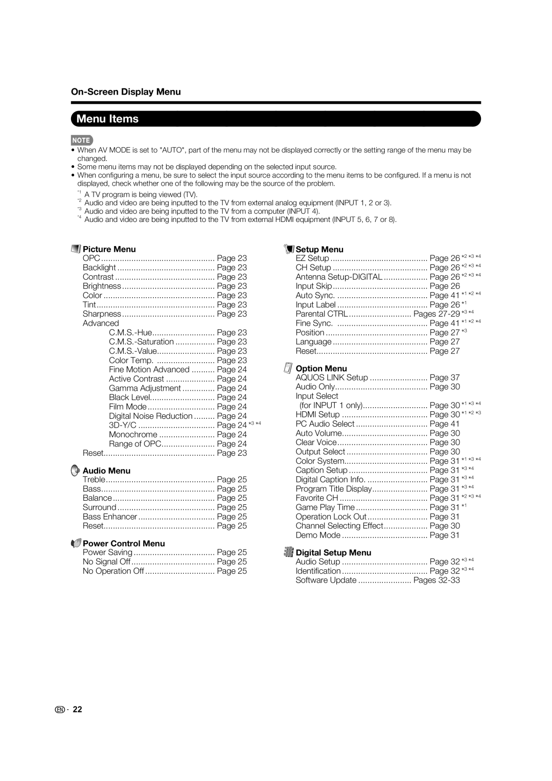 Sharp TINS-E580WJZZ, LC-60E88UN operation manual Menu Items, On-Screen Display Menu 