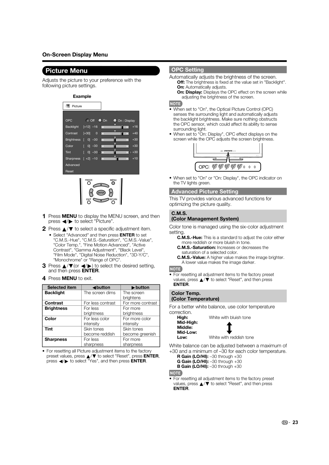 Sharp LC-60E88UN, TINS-E580WJZZ Picture Menu, OPC Setting, Advanced Picture Setting, Color Management System 