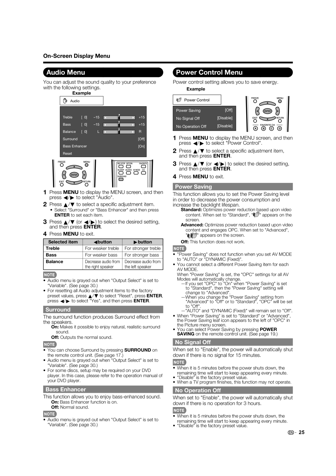 Sharp LC-60E88UN, TINS-E580WJZZ operation manual Audio Menu, Power Control Menu 