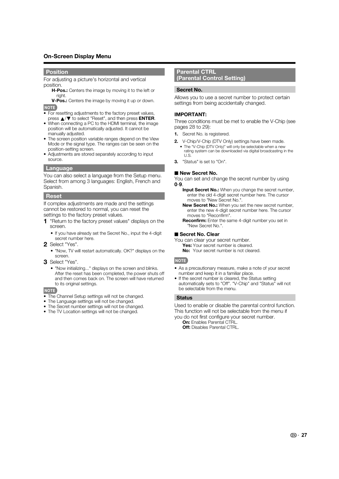 Sharp LC-60E88UN, TINS-E580WJZZ operation manual Position, Parental Ctrl Parental Control Setting, Language, Reset 