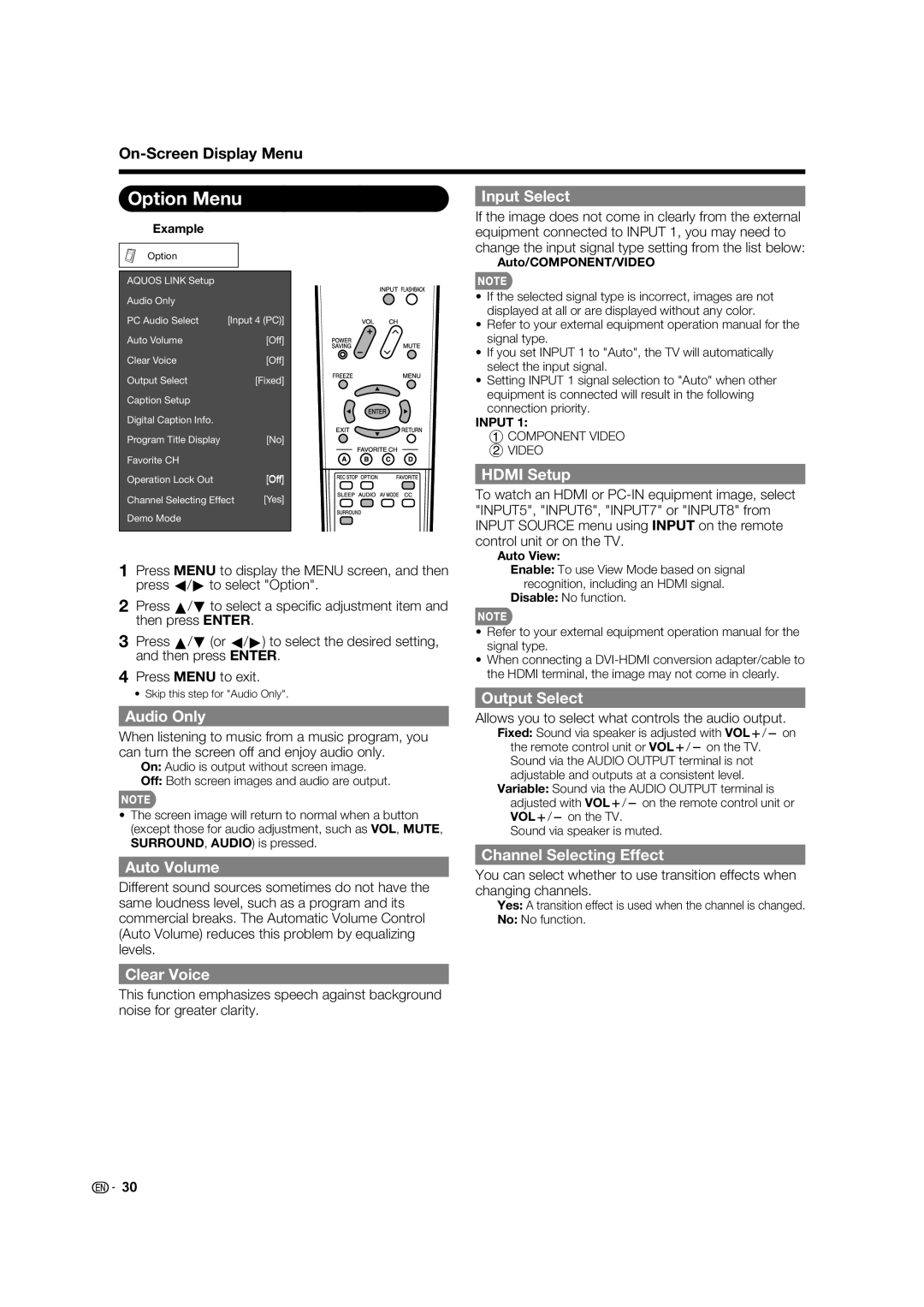 Sharp TINS-E580WJZZ, LC-60E88UN operation manual Option Menu 