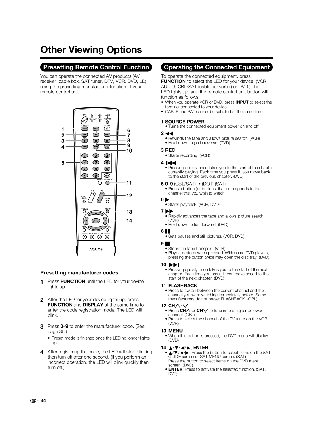 Sharp TINS-E580WJZZ Other Viewing Options, Presetting Remote Control Function, Operating the Connected Equipment 