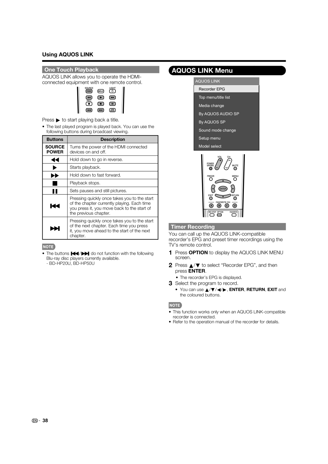 Sharp TINS-E580WJZZ Aquos Link Menu, One Touch Playback, Timer Recording, Press d to start playing back a title 