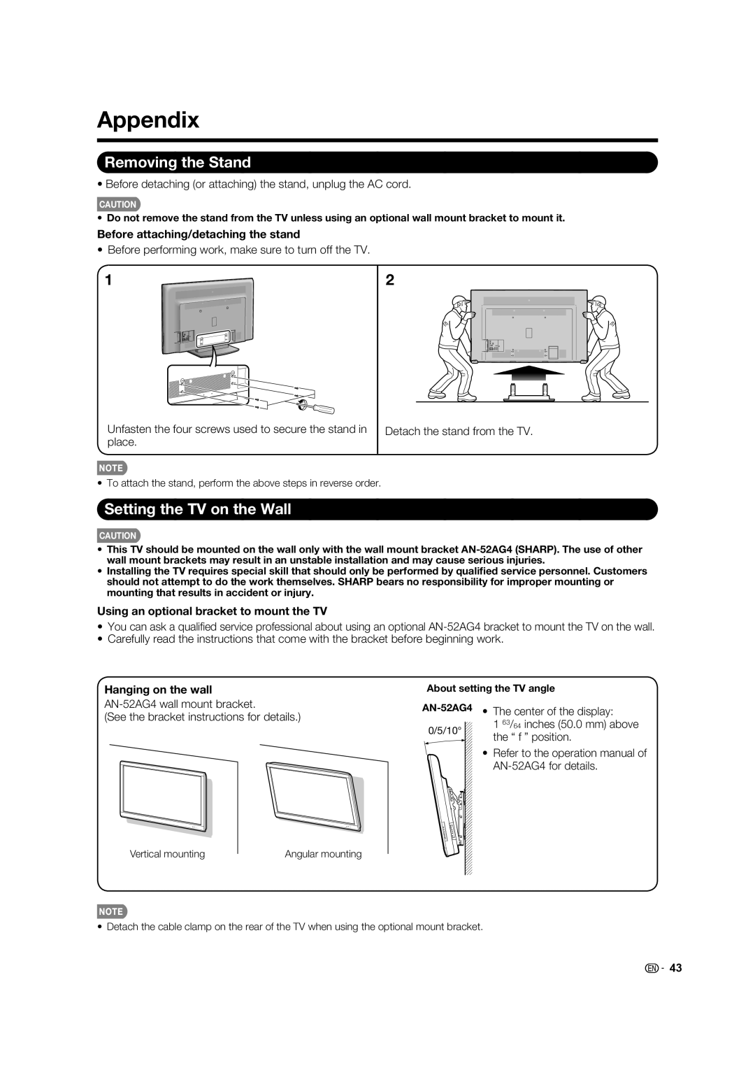 Sharp LC-60E88UN, TINS-E580WJZZ operation manual Appendix, Removing the Stand, Setting the TV on the Wall 