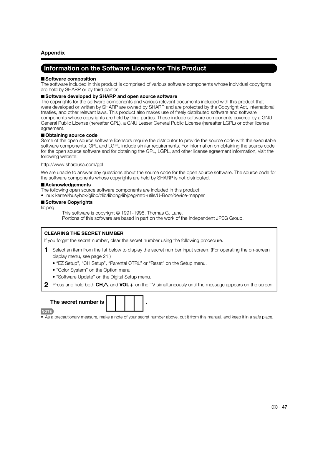 Sharp LC-60E88UN, TINS-E580WJZZ operation manual Information on the Software License for This Product, Secret number is 