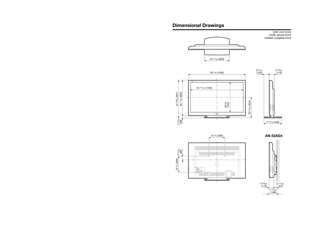 Sharp LC-60E88UN Dimensional Drawings, 15 3/4 24 21/32 56 5/8 52 17/32 29 5/8, 135 20 41/64 17 9/16, 119 21/64 186 