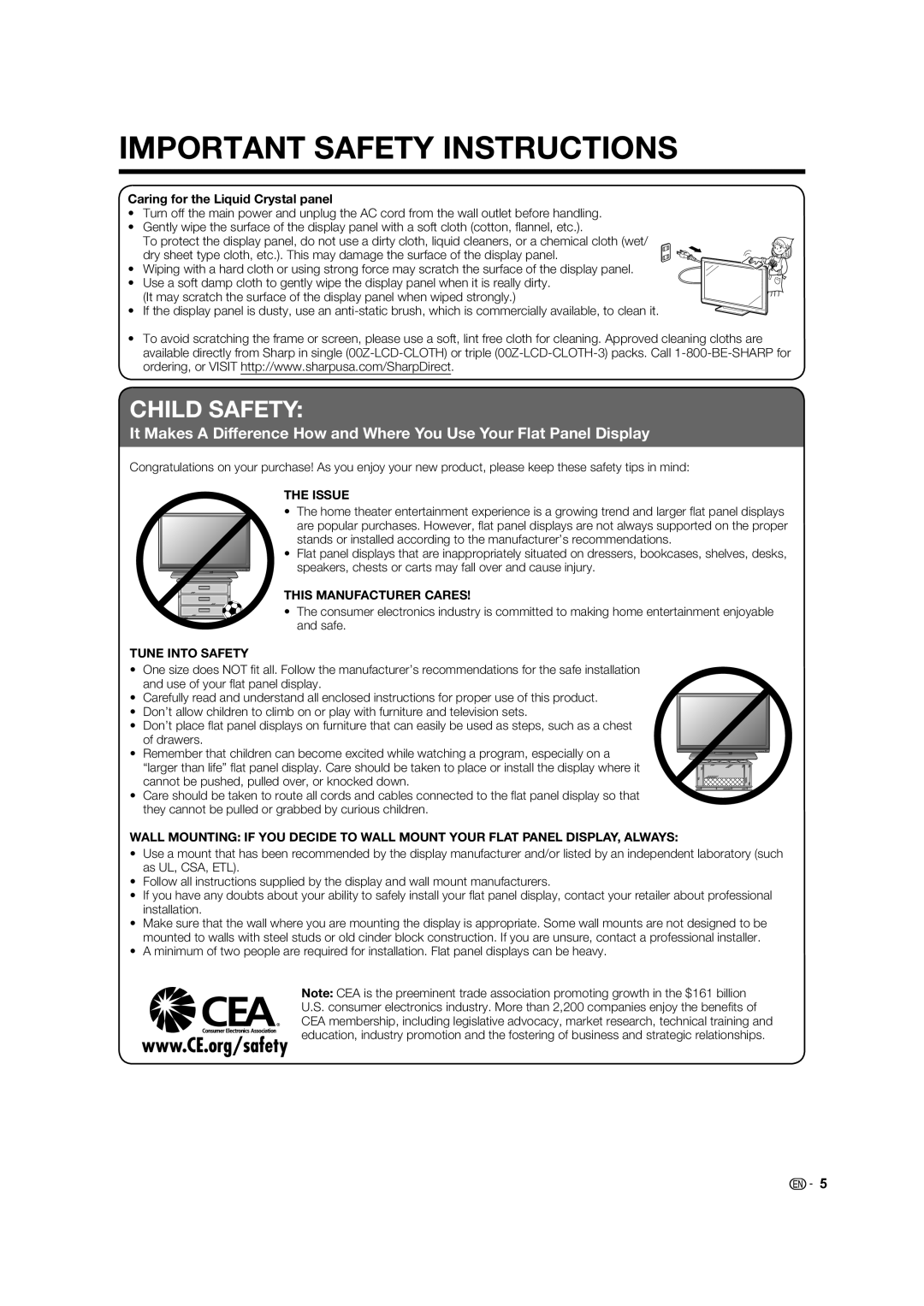 Sharp LC-60E88UN, TINS-E580WJZZ operation manual Child Safety, Caring for the Liquid Crystal panel 