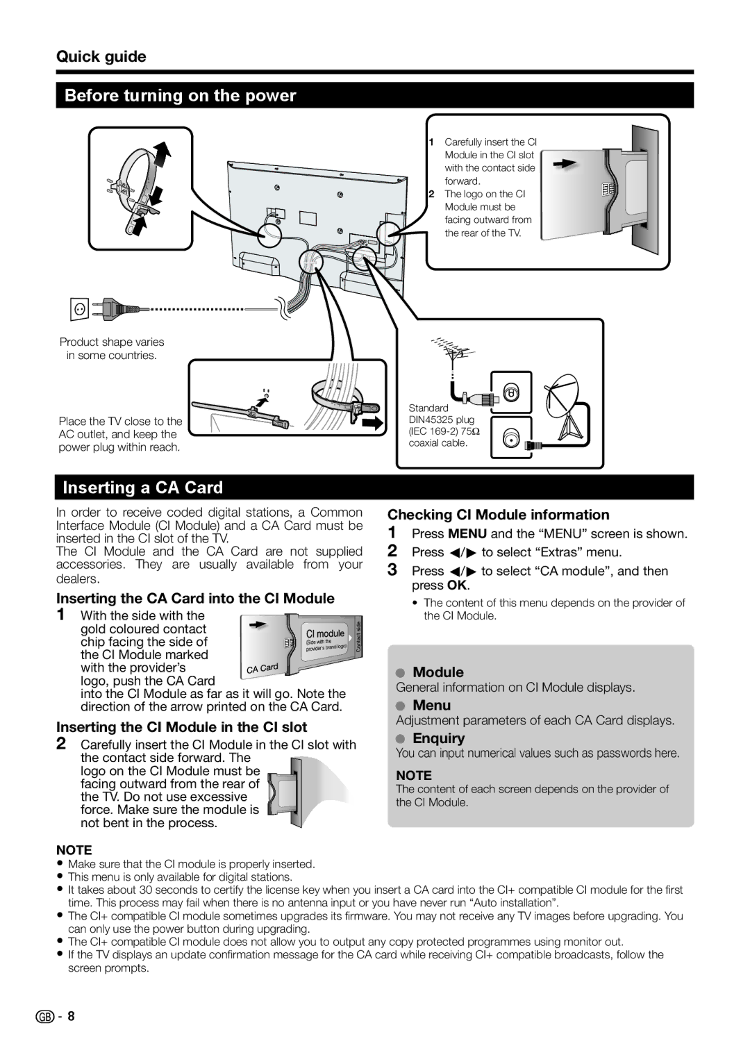 Sharp LC-50LU751E, TINS-F657WJZZ, LC-70LE754E, LC-70LE752E Before turning on the power, Inserting a CA Card, Quick guide 