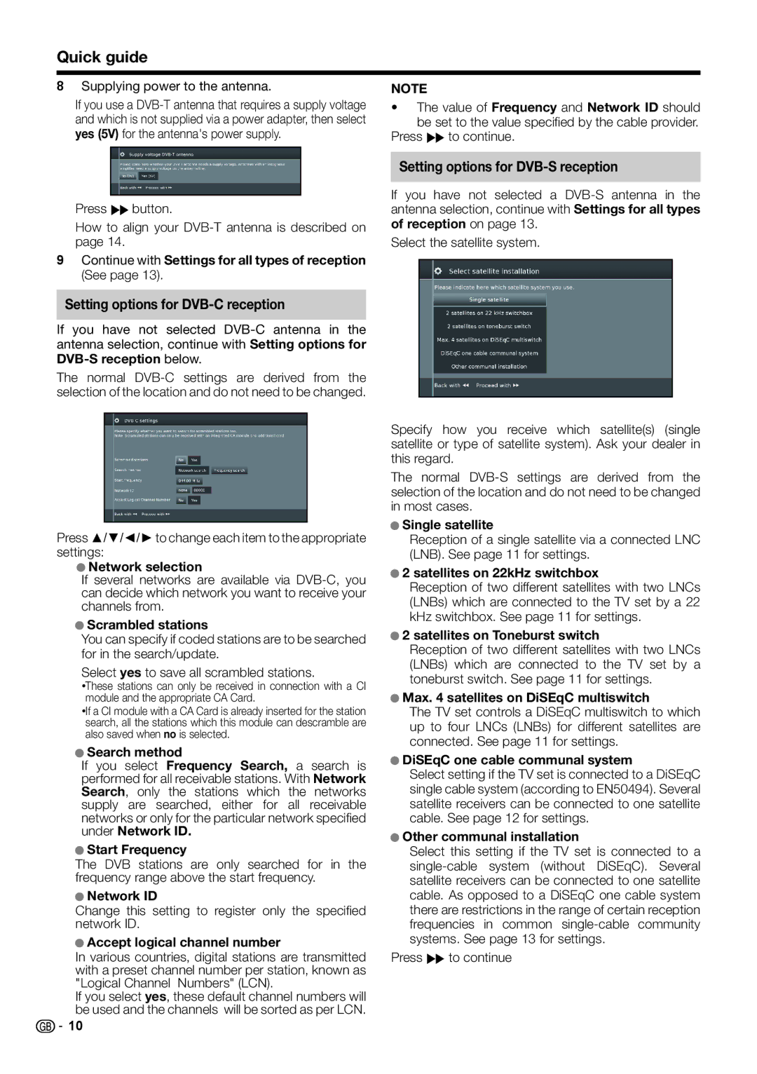 Sharp LC-50LX752E, TINS-F657WJZZ, LC-70LE754E Setting options for DVB-C reception, Setting options for DVB-S reception 