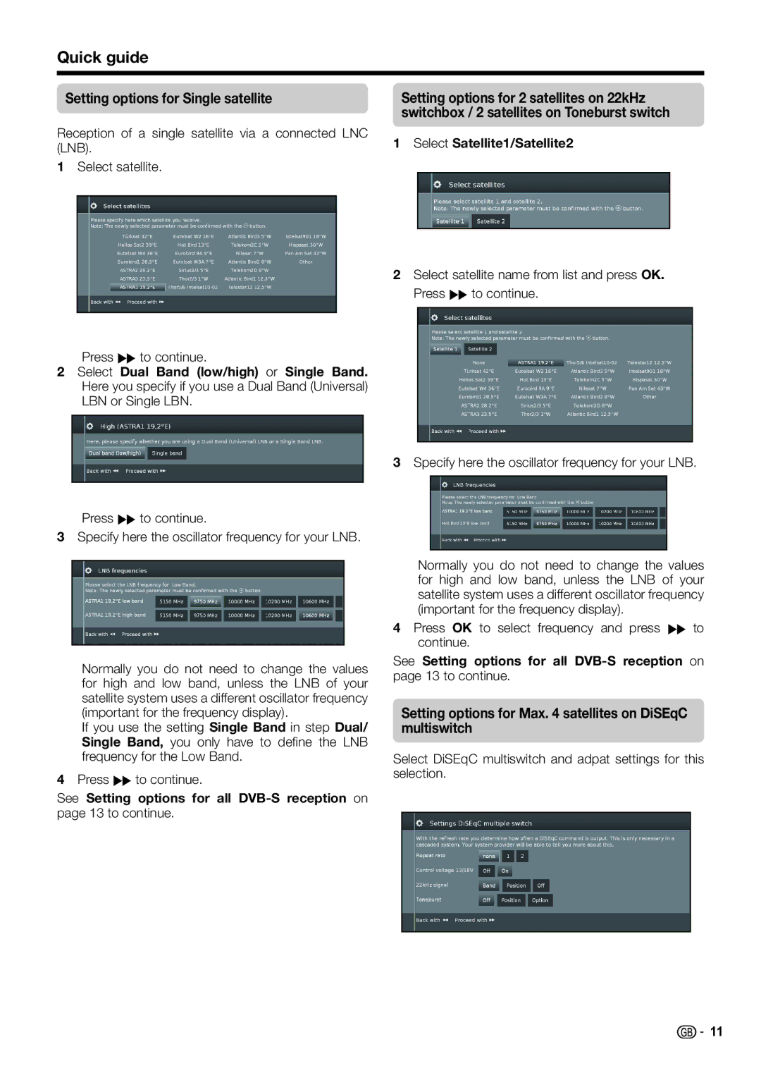 Sharp LC-50LK752E, F657WJZZ Setting options for Single satellite, Setting options for Max satellites on DiSEqC multiswitch 