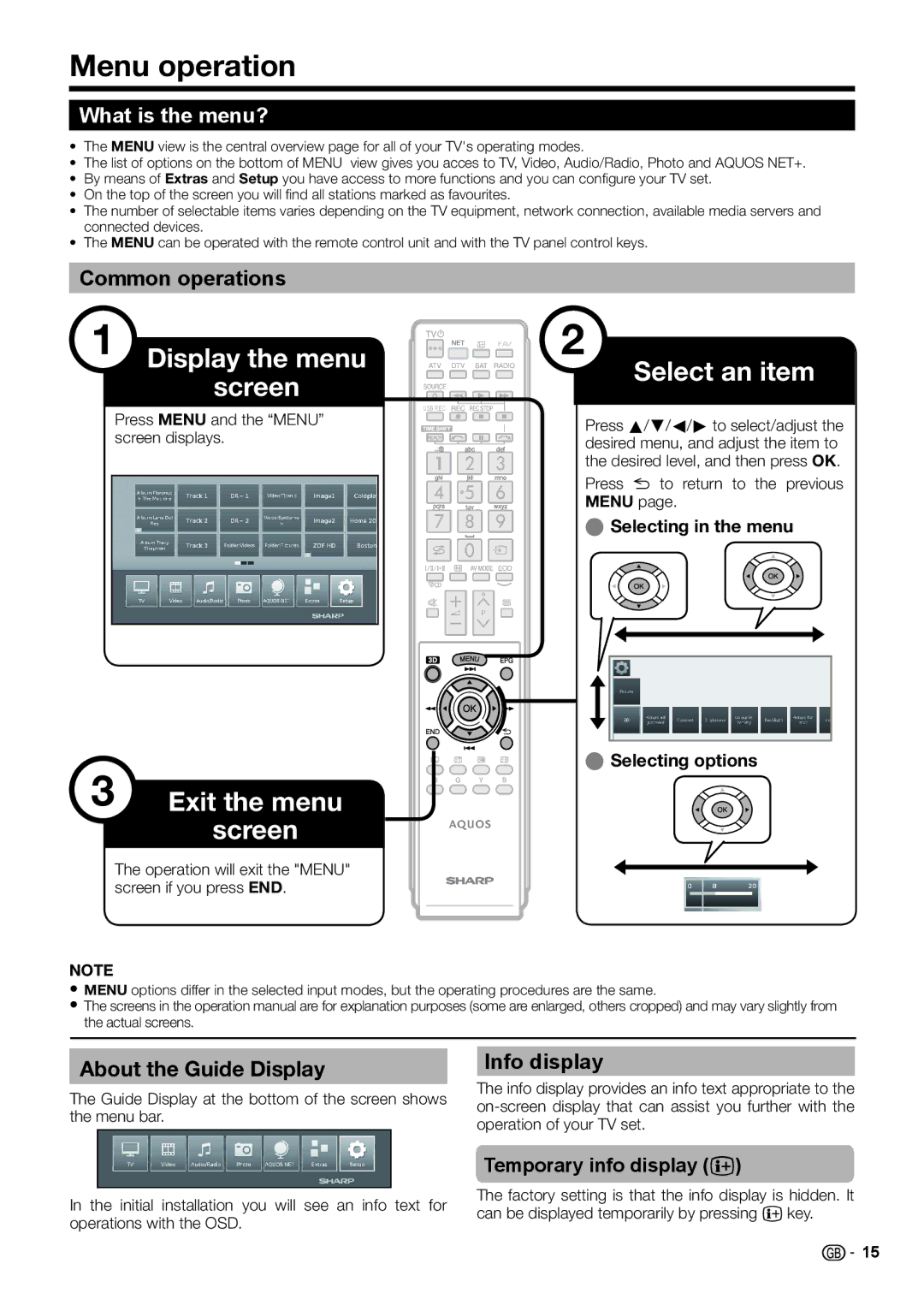 Sharp LC-50LE754E-V, F657WJZZ Menu operation, What is the menu?, Common operations, About the Guide Display, Info display 