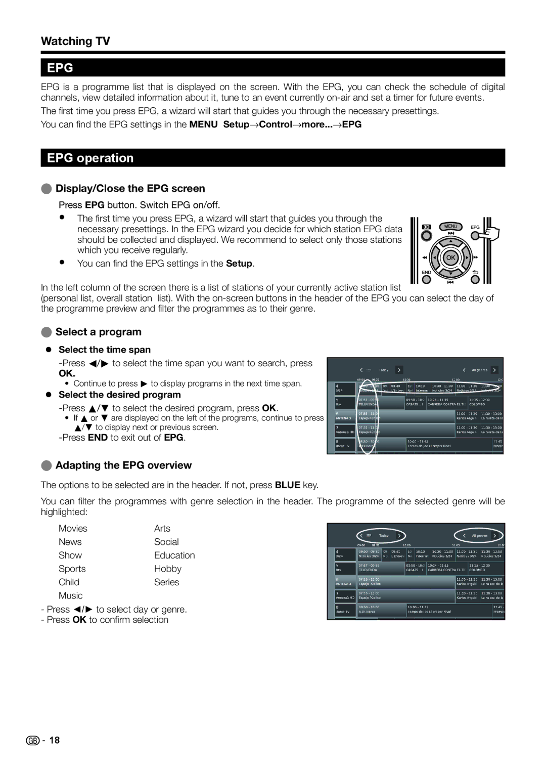 Sharp LC-39LE752E/V EPG operation, Watching TV, Display/Close the EPG screen, Select a program, Adapting the EPG overview 