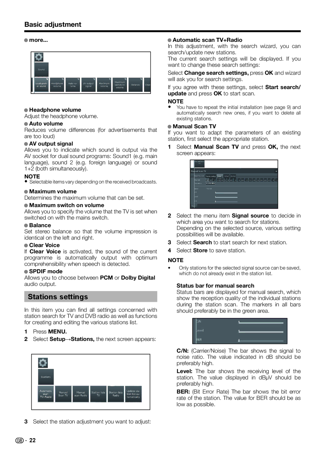 Sharp LC-39LE750E-V, TINS-F657WJZZ, LC-70LE752E, LC-70LE754E PIN, LC-70LE751E-K Stations settings, Basic adjustment 