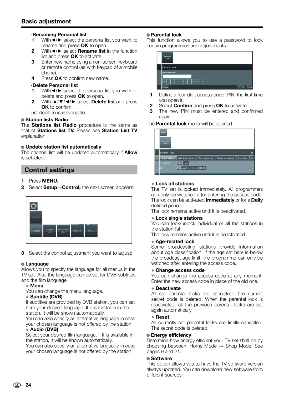 Sharp LC-39LU751E, TINS-F657WJZZ, LC-70LE752E, LC-70LE754E PIN, LC-70LE751E-K, LC-60LX752E, LC-60LU751E Control settings 