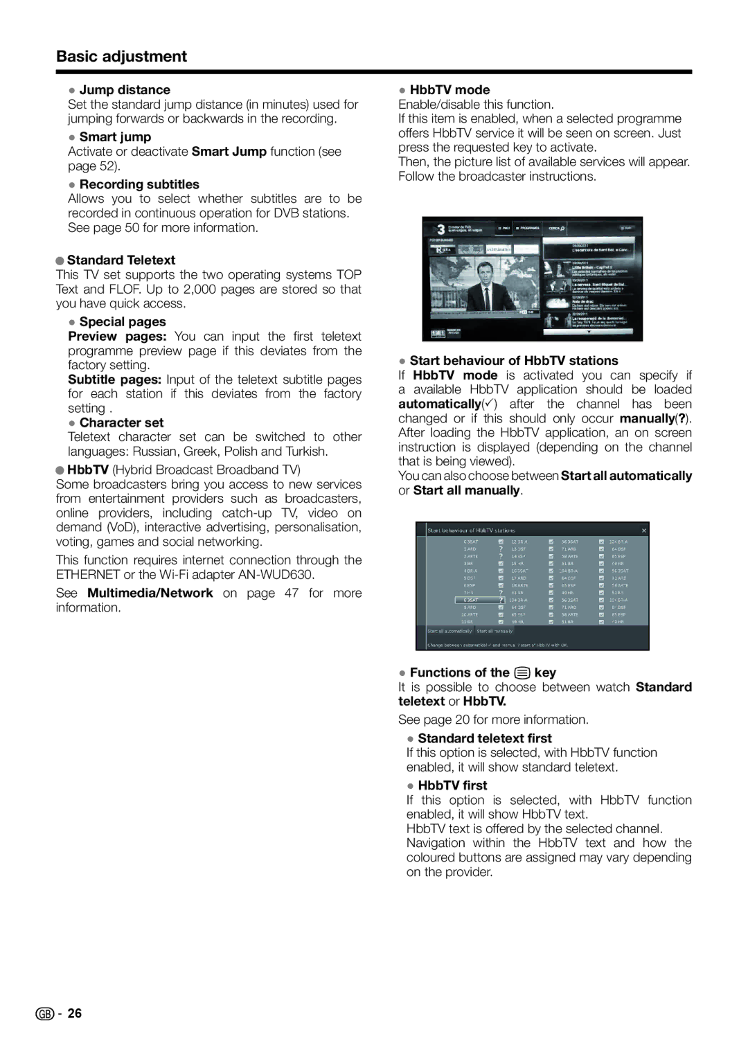 Sharp LC-60LK752E Jump distance, Smart jump, Recording subtitles, Special pages, Start behaviour of HbbTV stations 