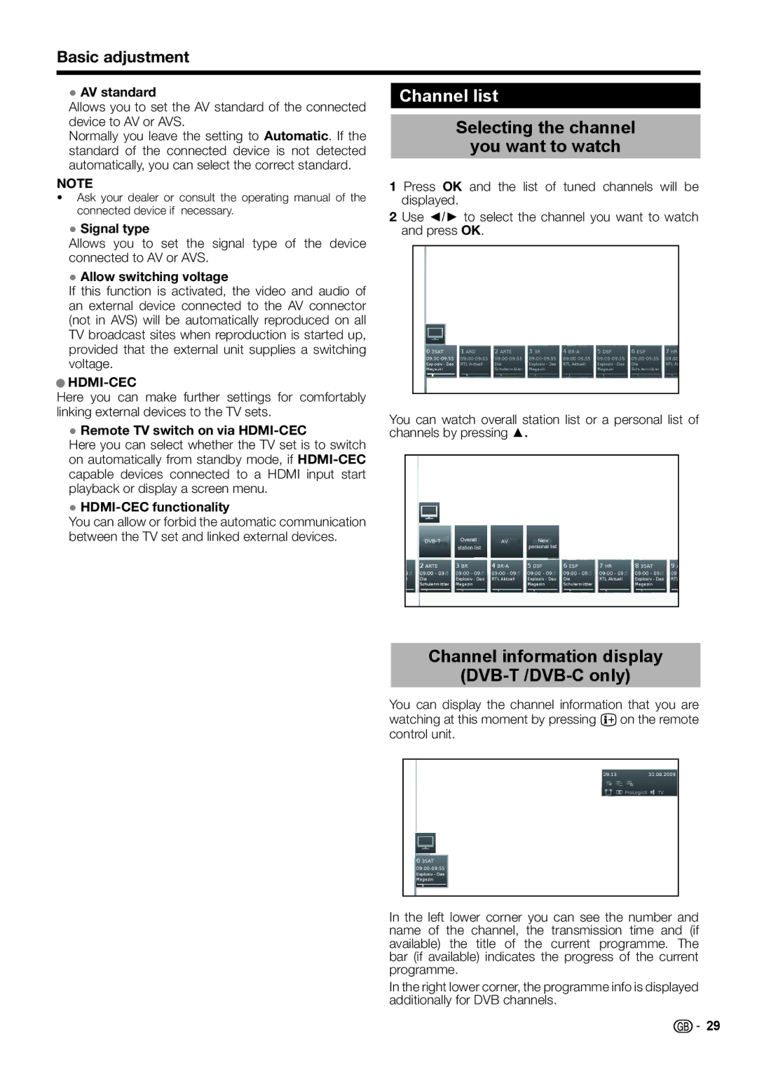 Sharp 13P04-PL-NG Channel list, Selecting the channel You want to watch, Channel information display DVB-T /DVB-C only 