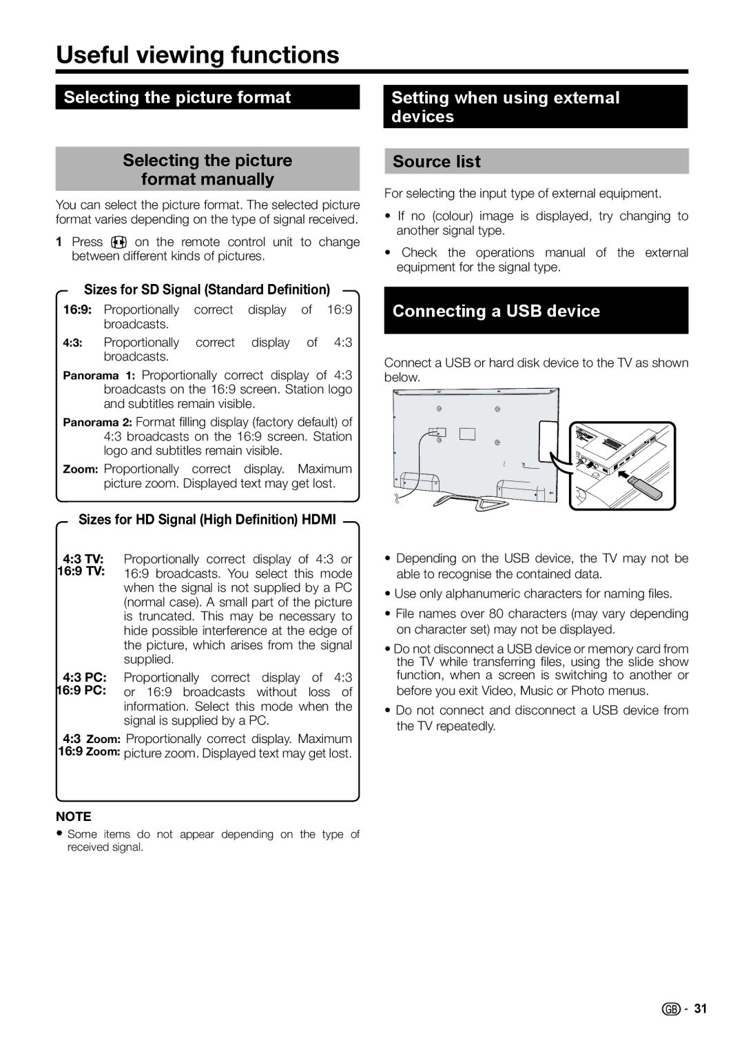 Sharp LC-70LE754E, LC-70LE752E Useful viewing functions, Selecting the picture format, Setting when using external devices 