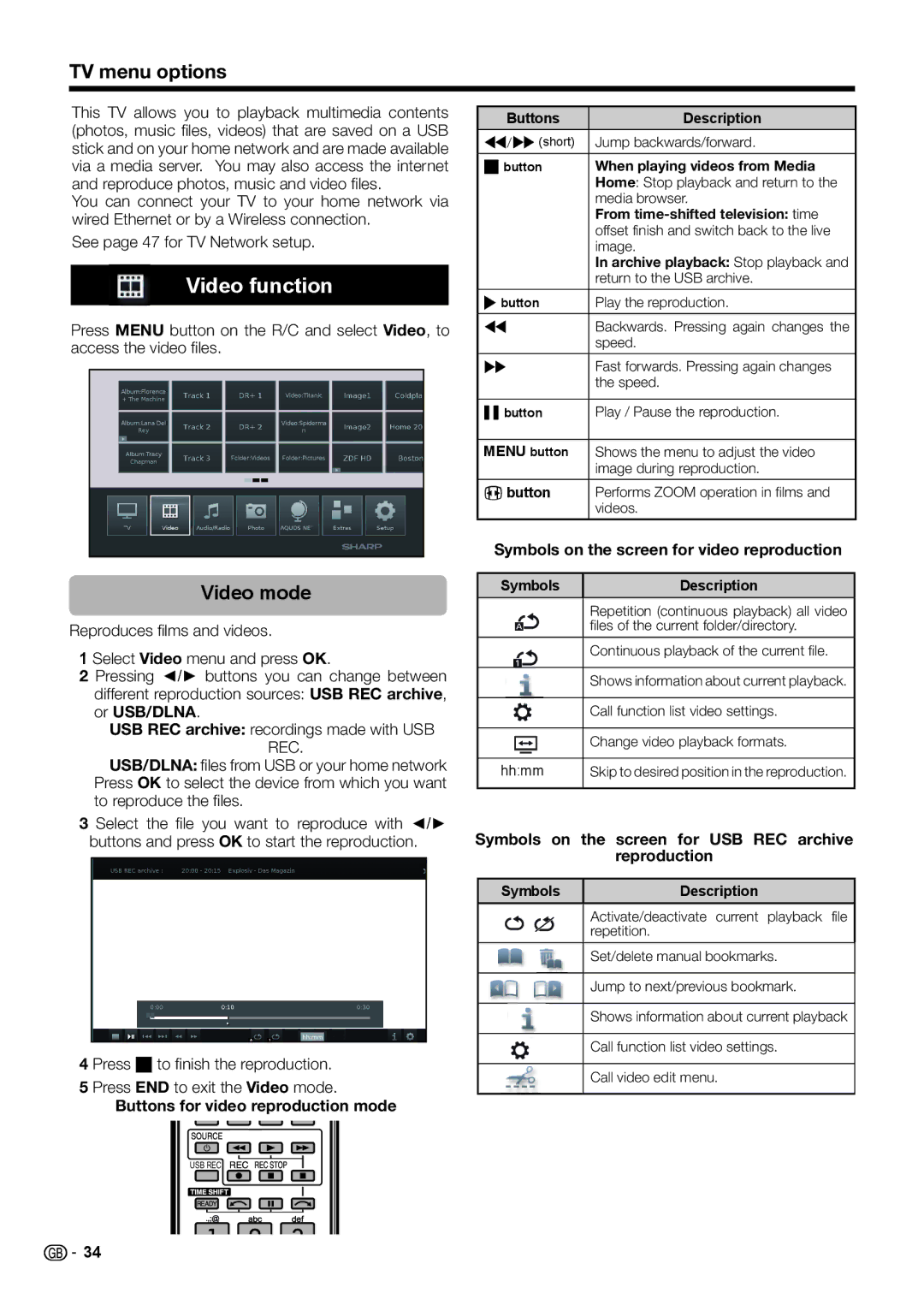 Sharp LC-70LE751E-K, TINS-F657WJZZ, LC-70LE754E, LC-70LE752E Video function, Video mode, Buttons for video reproduction mode 