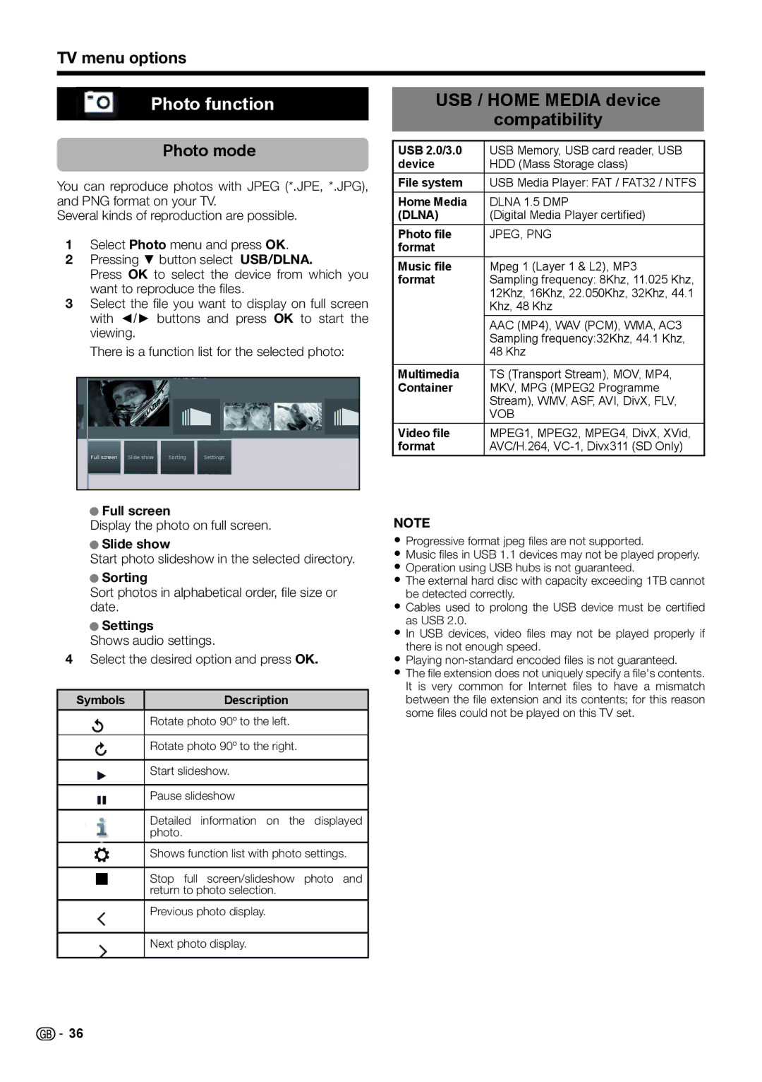 Sharp LC-60LU751E, LC-70LE754E Photo function, USB / Home Media device Compatibility, Photo mode, Full screen, Slide show 