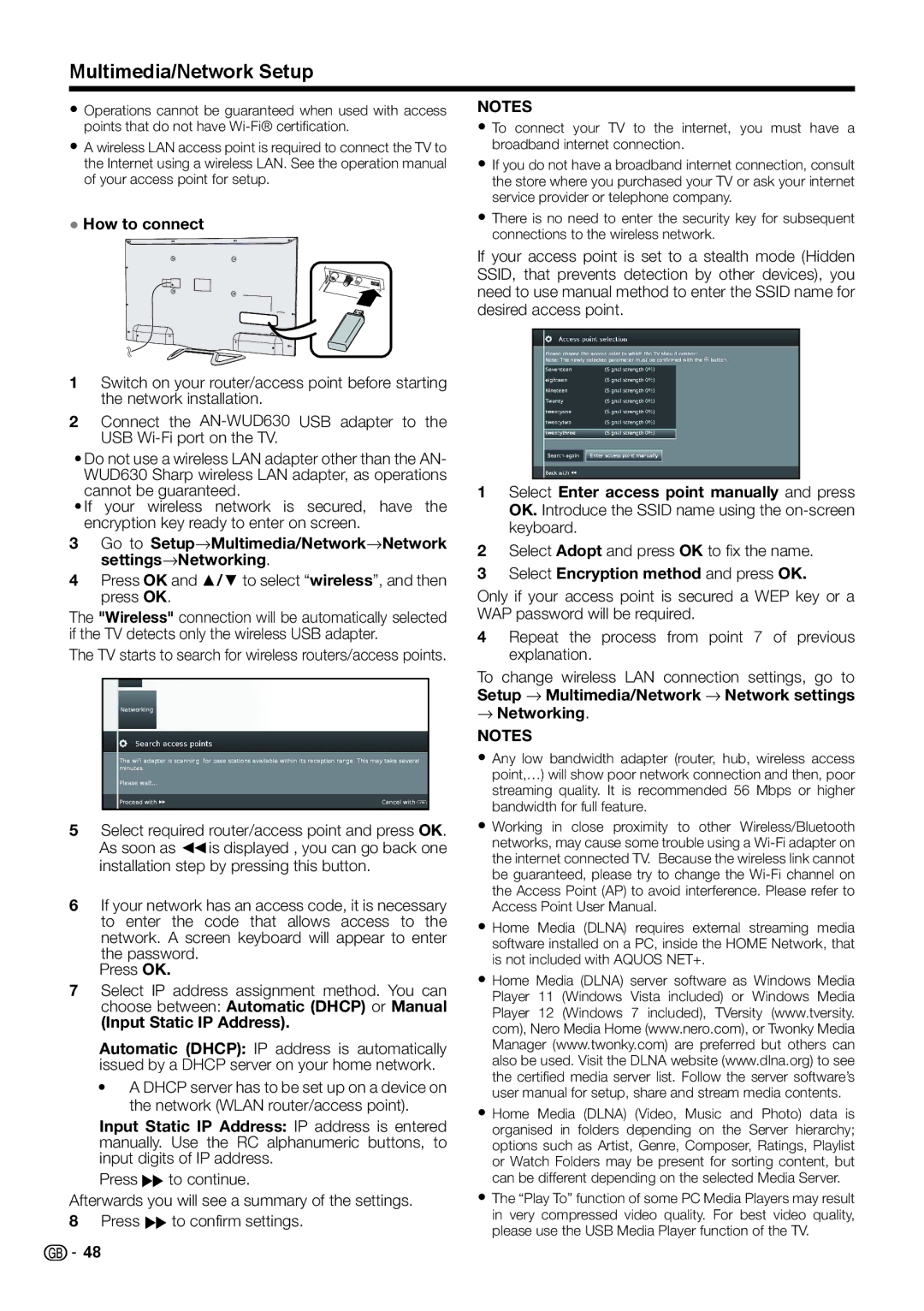 Sharp LC-39LK752E, F657WJZZ Multimedia/Network Setup, Press OK and / to select wireless, and then press OK, → Networking 