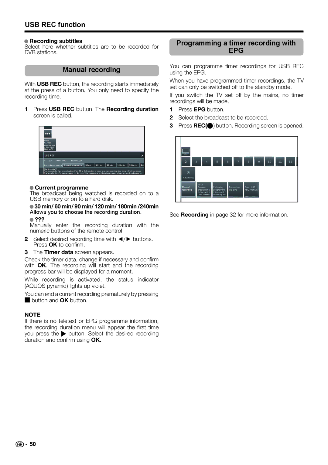 Sharp LC-39LE752E/V, TINS-F657WJZZ, LC-70LE754E USB REC function, Manual recording, Programming a timer recording with, ??? 