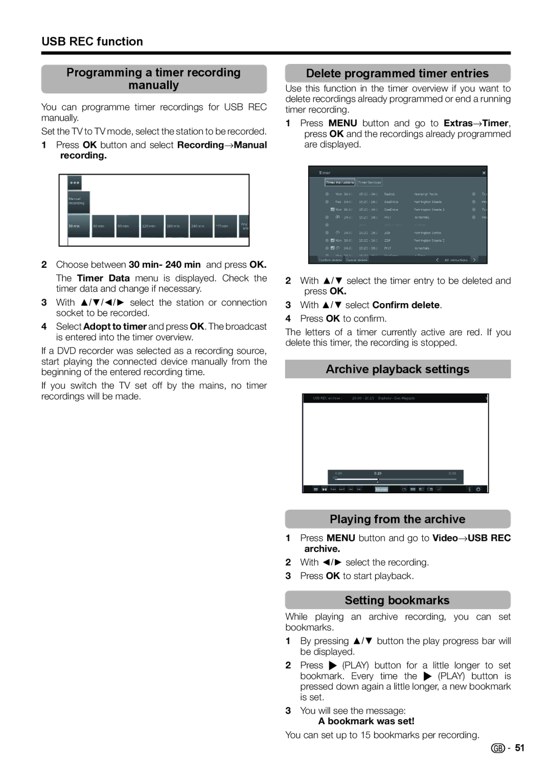 Sharp LC-39LE751E -K-V, F657WJZZ USB REC function Programming a timer recording Manually, Delete programmed timer entries 